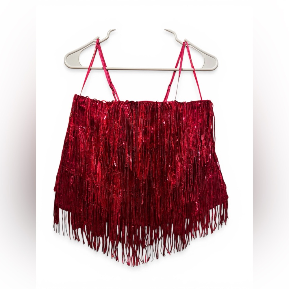 Pink Sequin Fringe Camisole Top with Spaghetti Straps Western wear